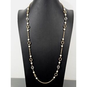 Vintage Gold Tone Clear Bezel Faux Pearl Station Chain Long Necklace 32 in
